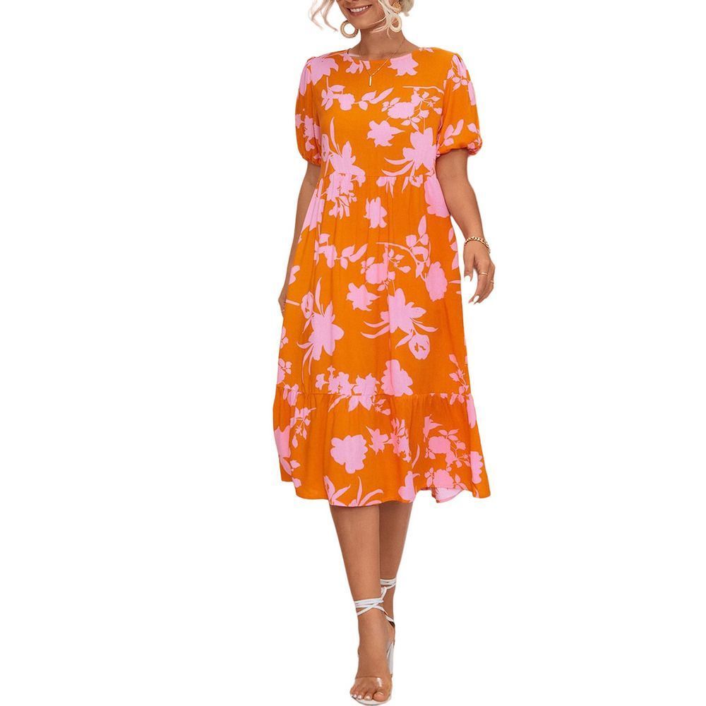Lapentry Orange & Pink Floral Ruffle Hem A Line Dress Size L